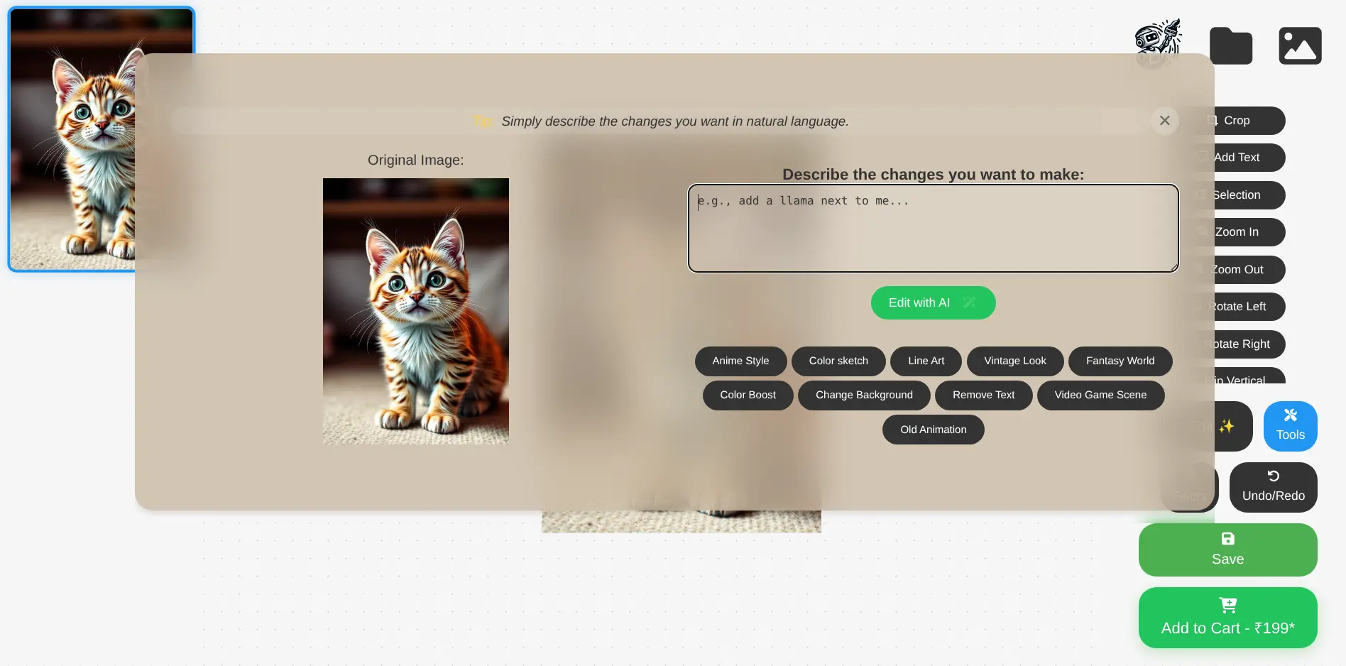 Edit page with AI edit option active.