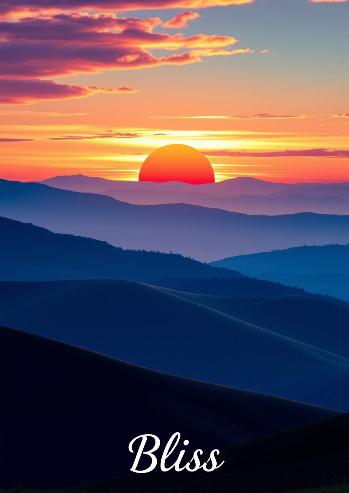 Poster of A serene landscape with rolling hills and a vibrant sunset with text 'Bliss' at the bottom