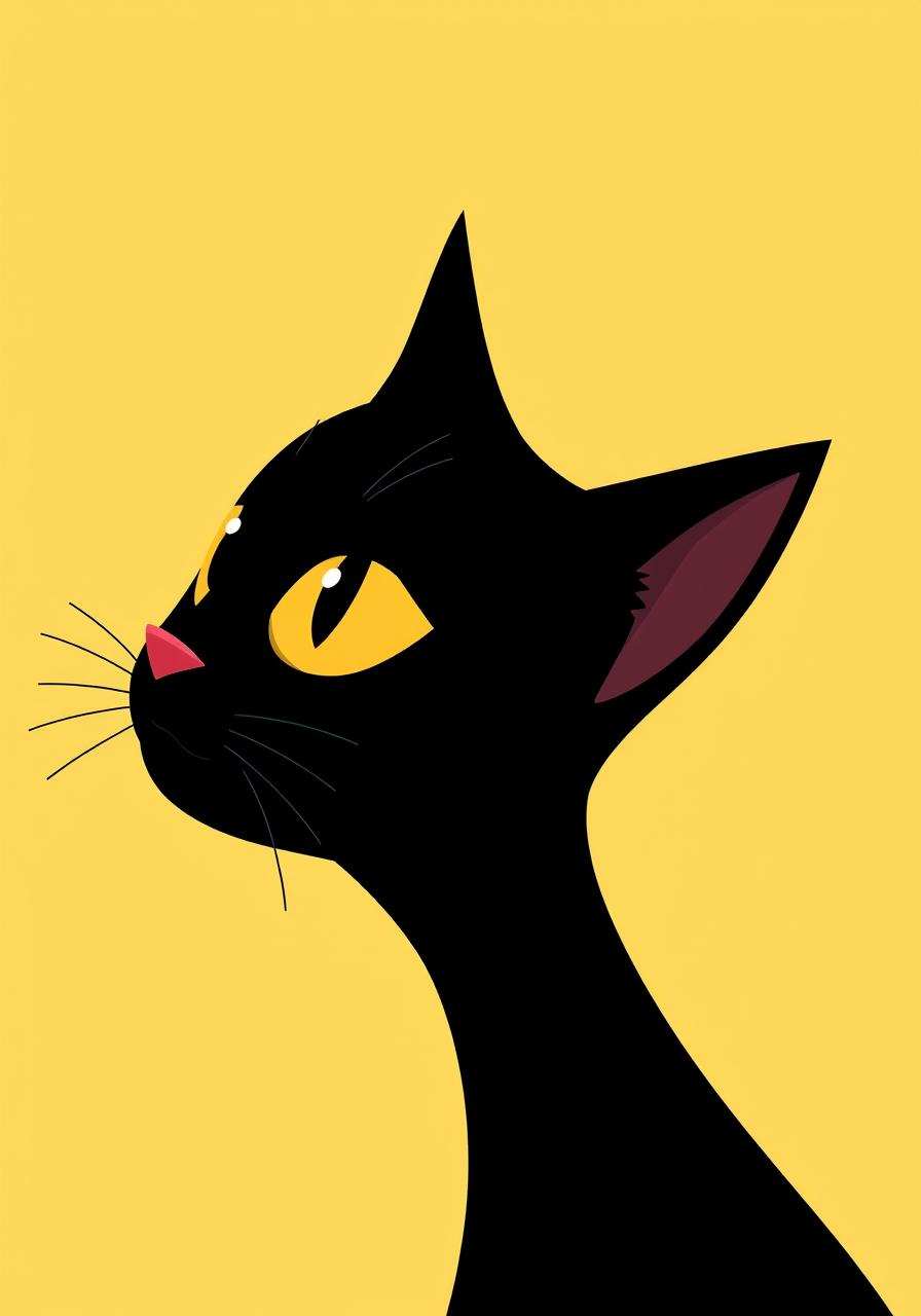 A black cat, a simple flat illustration with a yellow background, in a cute style with bold lines and solid colors, a minimalist art piece with simple details and a silhouette. A minimalistic design featuring only the head of an elegant cartoon-style black kitten, its eyes sparkling as it gazes upwards at the sky, in the style of Henri Matisse, with his artistic styles and color schemes.