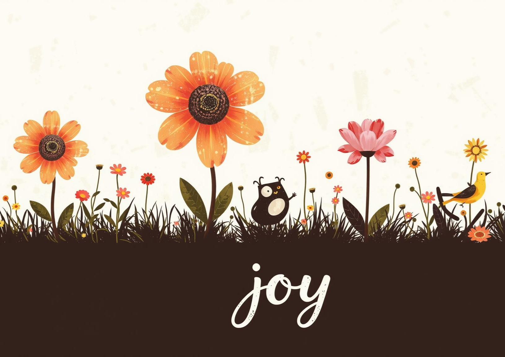 A whimsical garden with oversized flowers and playful creatures with text 'joy' at the bottom