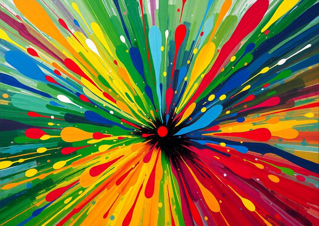 Poster depicting joy as an explosion of color and form, inspired by Vito Acconci's emphasis on bodily movement in his performances. Create an abstract piece where vibrant colors burst outward from a central point, symbolizing the overwhelming nature of happiness that spreads like ripples in water.
